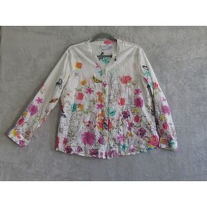 BFA Classics White Floral Butterfly‎ Print Long Sleeve Button Down Shirt Top L
